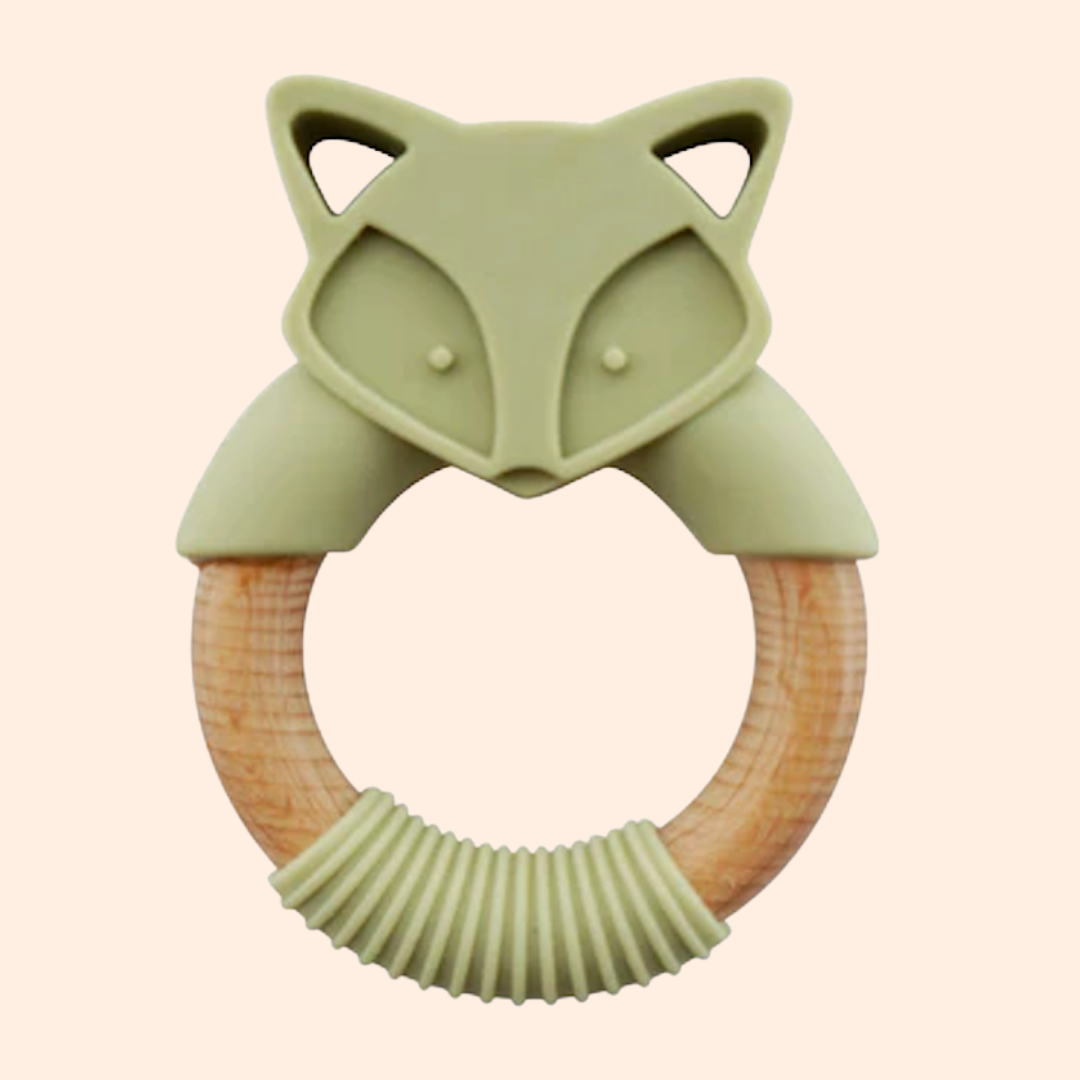 Silicone & Wood Teething Ring - Fox Green